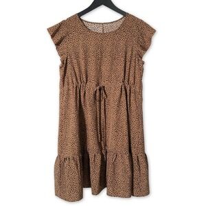 Midi Dress Womens Medium Brown Dalmatian Animal Print Tiered Ruffle Drawstring